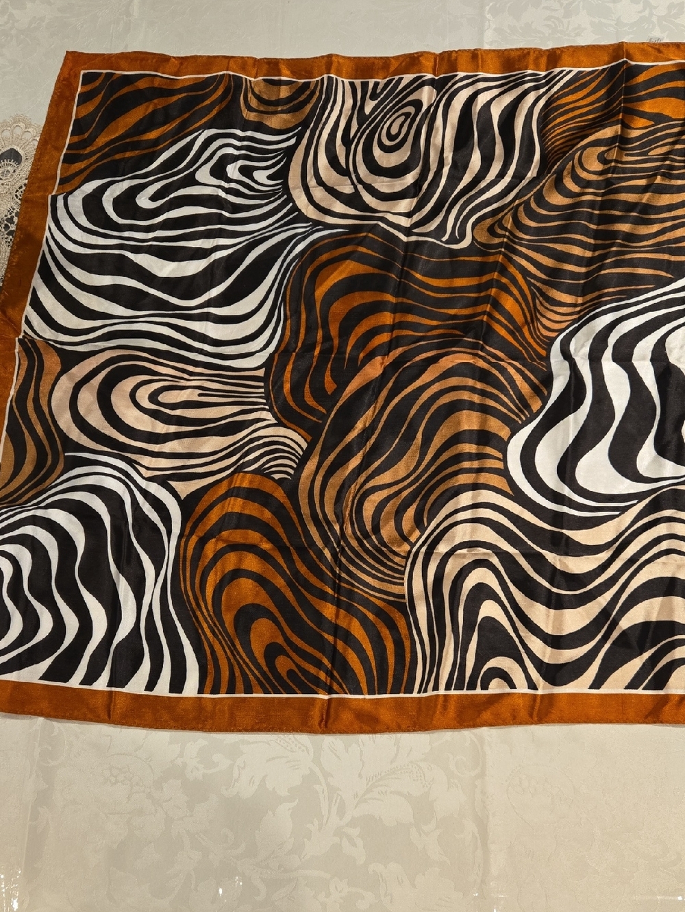 Silky Zebra Wave Scarf in Black, White & Rust Animal Print